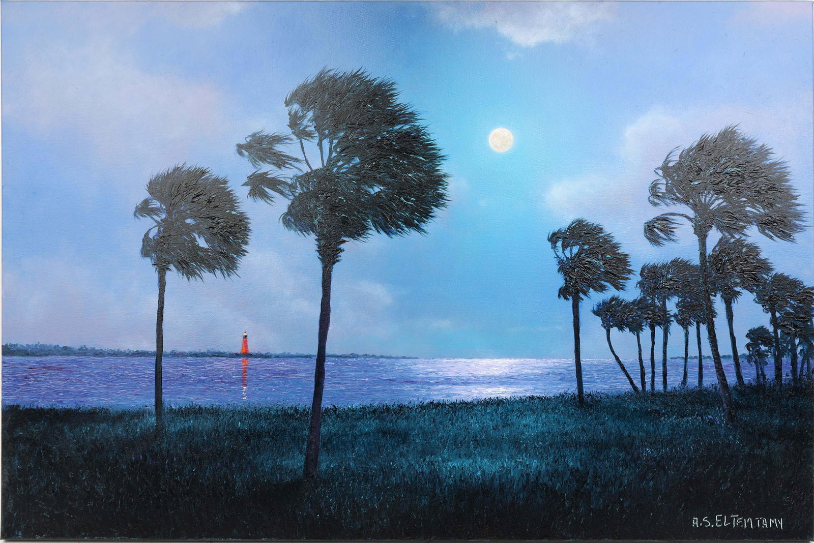 AHMED ELTEMTAMY FLORIDA HIGHWAYMEN JUPITER LIGHT: Eltemtamy, Ahmed (B. 1960) Florida Artist Painting. Oil on Gallery Wrapped Canvas - signed lower right. From a distant shoreline, the Jupiter Lighthouse stands tall, its light cutting through the stil