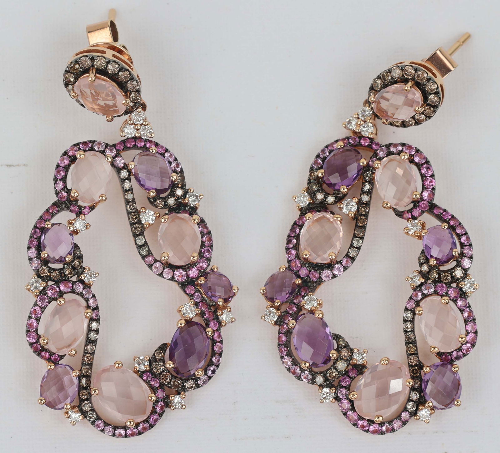 18K LADIES DIAMOND PINK SAPPHIRE DANGLE EARRINGS: 18k rose gold Michael Christoff Diamond and Amethyst earrings. 116 round diamonds 1.07ct 139 Pink Sapphires 1.11ct. 20 Amethyst 7.67 Grams: 14.2 Must be paid by Certified Check, money order, or wire t