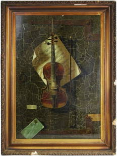 VICTORIAN TROMP L'OEIL PRINT HARNETT'S OLD VIOLIN: VICTORIAN TROMP L'OEIL PRINT HARNETT'S OLD VIOLIN Chromolithograph printed by Frank Tuchfarber (fl. 1870-1890) after the painting by William Michael Harnett (1848-1892). Print has been mounted to