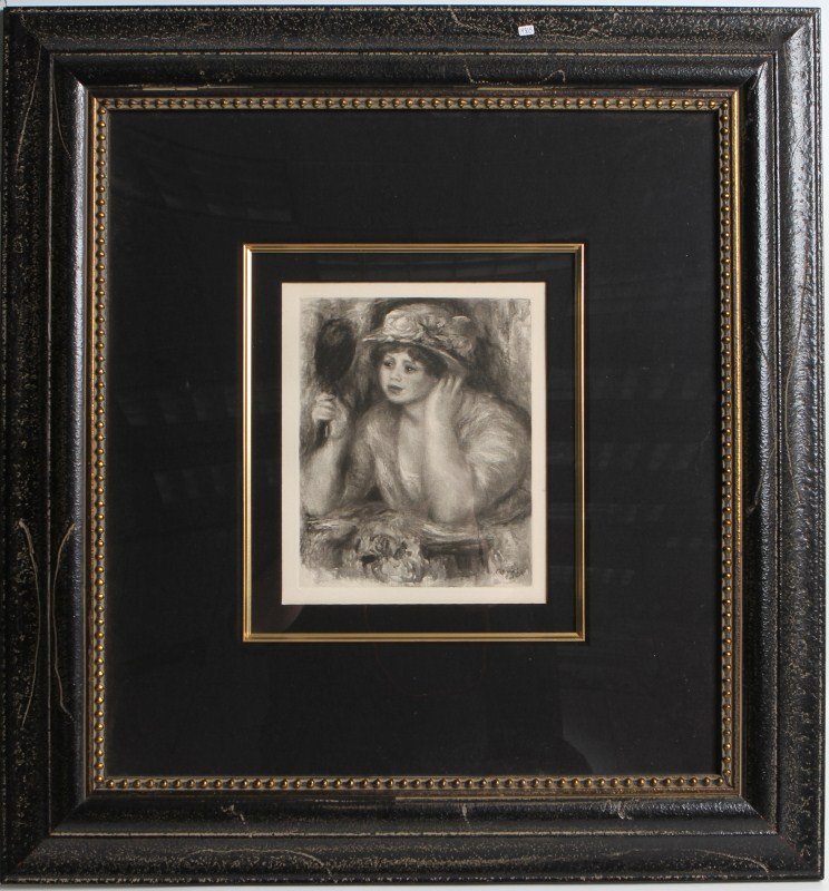 LIMITED EDITION RENOIR PRINT "LA FEMME AU MIRROR": LIMITED EDITION RENOIR PRINT "LA FEMME AU MIRROR" ORIGINAL HELIOGRAVURE, limited edition Renoir print of "La Femme au Mirror" in black and gold frame. Double mat under plexiglass with black canvas mat