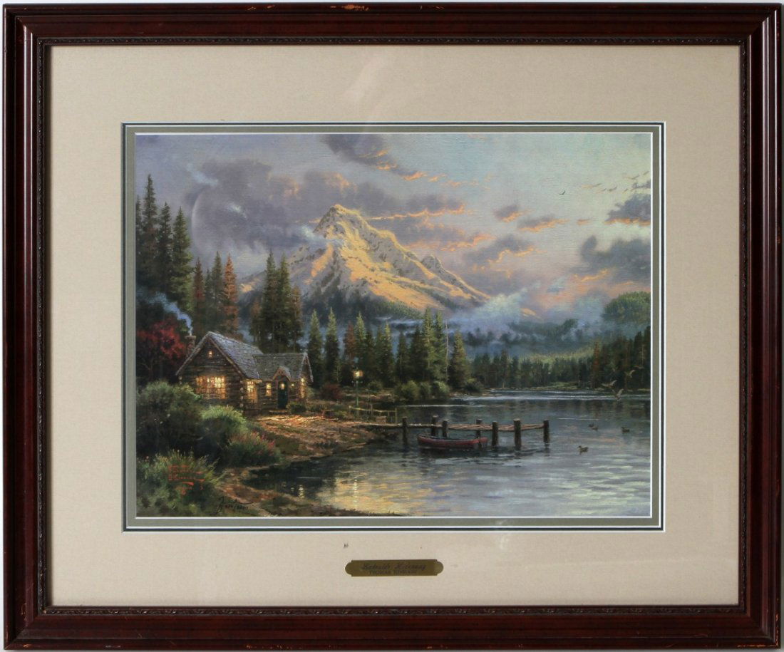 THOMAS KINKADE "LAKESIDE HIDEAWAY" ARTIST PROOF: THOMAS KINKADE "LAKESIDE HIDEAWAY" ARTIST PROOF #634/2850 "Lakeside Hideaway" artist proof print by Thomas Kinkade (American, 1958-2012). Set in wood frame with three tone creme/green matting and titl
