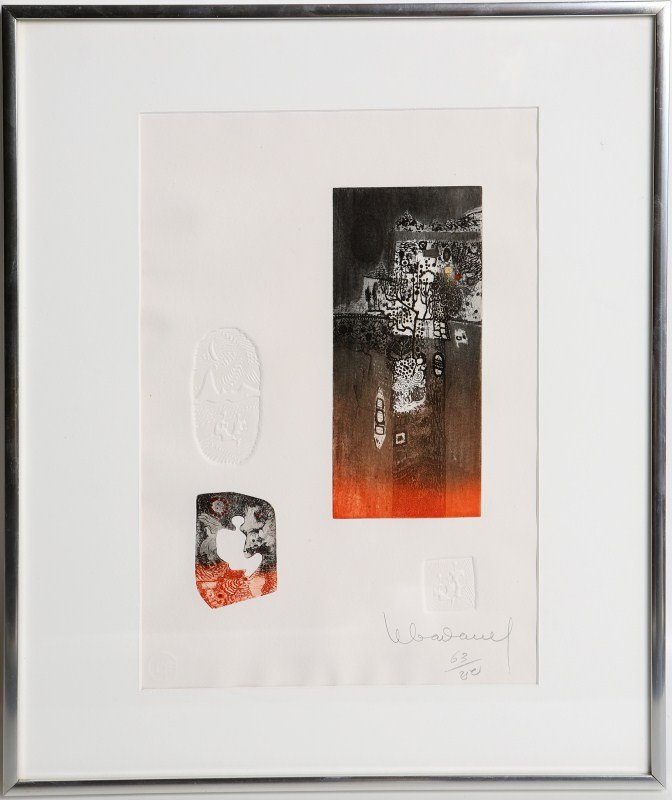LEBADANG SIGNED LITHOGRAPH WITH RELIEF: LEBADANG SIGNED LITHOGRAPH WITH RELIEF #63/250 lithograph with embossed relief by artist Lebadang (Vietnamese/French, b. 1922). In 1939 the artist immigrated to France where his artistic vision fused 