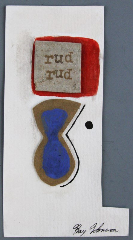 RAY JOHNSON MAIL ART COLLAGE MIXED MEDIA: RAY JOHNSON MAIL ART COLLAGE MIXED MEDIA Ray Johnson (American, 1927-1995). Mail art by Ray Johnson, mixed media collage, signed lower right corner "Ray Johnson." Sent to John Brook, no post mark as h