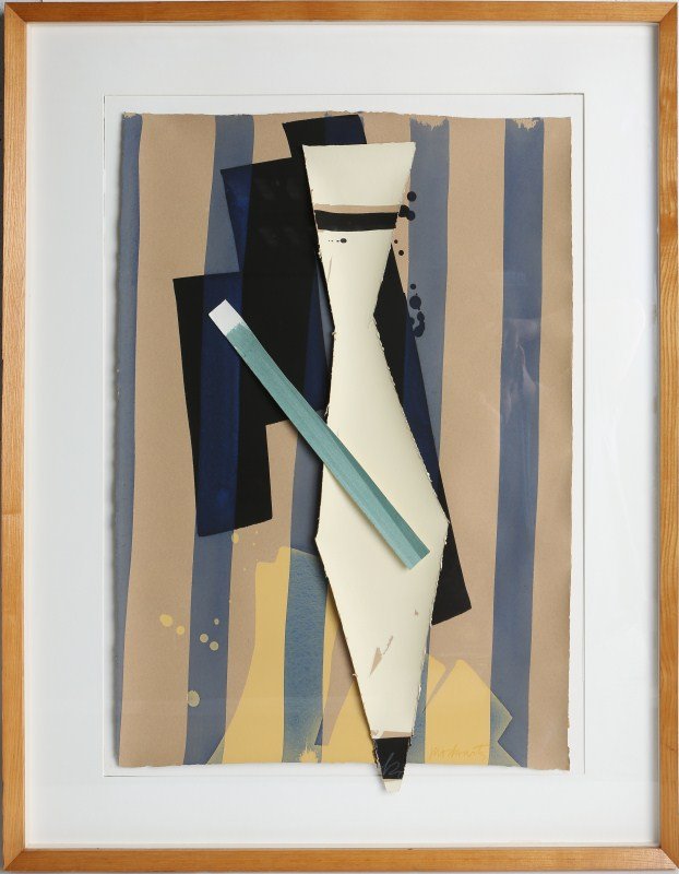 ROBERT MOSKOWITZ MIXED MEDIA COLLAGE FRAMED: ROBERT MOSKOWITZ MIXED MEDIA COLLAGE FRAMED Robert Moskowitz (American, b. 1935). A mixed media collage by American artist Robert Moskowitz. Influenced by Abstract Expressionism, this abstract composi