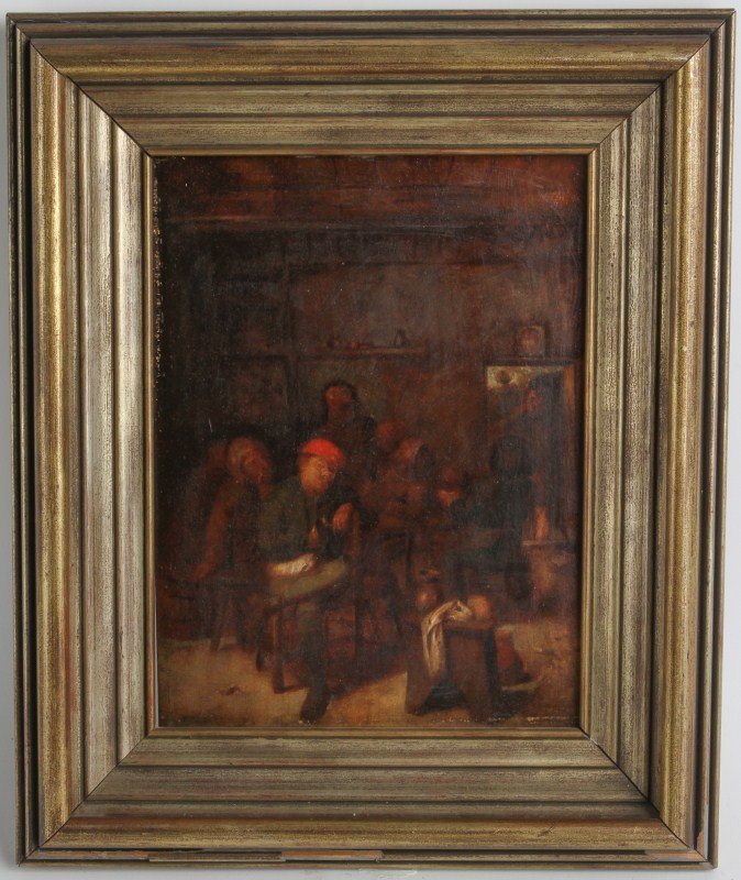 MID 19TH C TAVERN SCENE UNKNOWN ARTIST OIL/BOARD