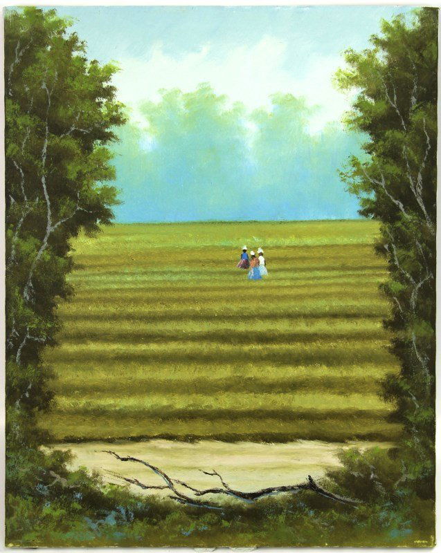 WILLIE DANIELS - FLORIDA HIGHWAYMEN LANDSCAPE: WILLIE DANIELS - FLORIDA HIGHWAYMEN LANDSCAPE Willie Daniels (American, b.1953). Florida landscape featuring three girls walking in a field of grass by Highwaymen artist Willie Daniels. Not framed. Si