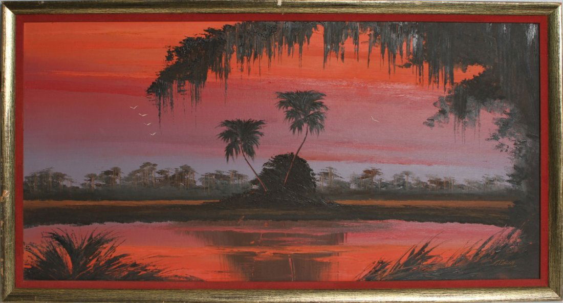 JAMES GIBSON RED NIGHTSCAPE FLORIDA HIGHWAYMEN: JAMES GIBSON RED NIGHTSCAPE FLORIDA HIGHWAYMEN James Gibson (American, b. 1938), Florida Highwaymen artist. Oil on board, Florida nightscape, red palate, Bent palms with oak leaves draped with Spanish