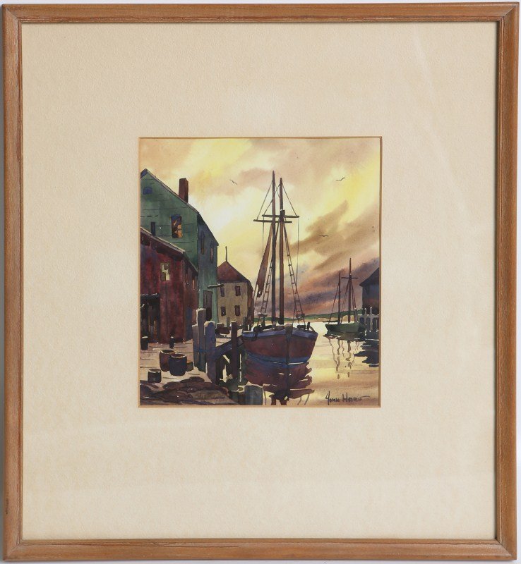 JOHN CUTHBERT HARE WATERCOLOR HARBOR SCENE SIGNED: JOHN CUTHBERT HARE WATERCOLOR HARBOR SCENE SIGNED John Cuthbert Hare (American, 1909-1978). Framed watercolor painting of a harbor scene by American artist John C. Hare. Set in simple wood frame with