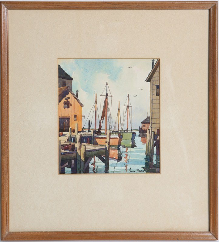 JOHN CUTHBERT HARE WATERCOLOR HARBOR SCENE SIGNED: JOHN CUTHBERT HARE WATERCOLOR HARBOR SCENE SIGNED John Cuthbert Hare (American, 1909-1978). Framed watercolor painting of a harbor scene by American artist John C. Hare. Set in simple wood frame with