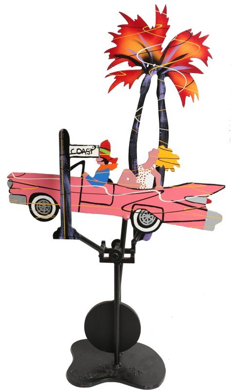 FREDRICK PRESCOTT KINETIC STEEL SCULPTURE SIGNED: FREDRICK PRESCOTT KINETIC STEEL SCULPTURE SIGNED Kinetic steel sculpture of a moving '57 Chevy with palm tree behind it by American artist Fredrick Prescott (b. 1949). Signed & dated "Prescott '90" at