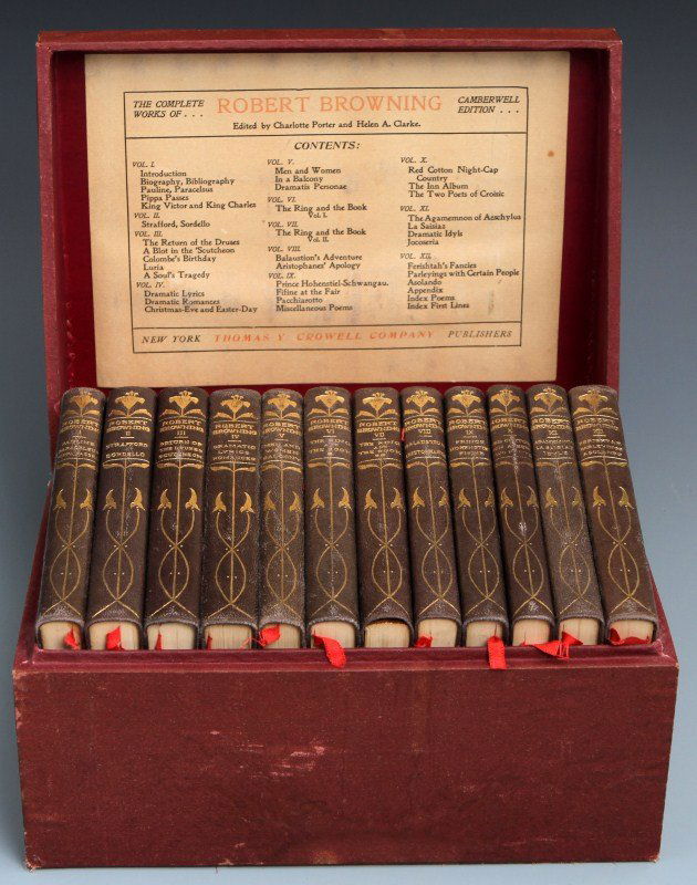 ROBERT BROWNING COMPLETE WORKS BOX SET: ROBERT BROWNING COMPLETE WORKS BOX SET Complete works of Robert Browing, 12 Vol. box set; Camberwell Edition. Leather bound with floral gold gilt, published by Thomas Y. Crowell, New York © 1898. Siz
