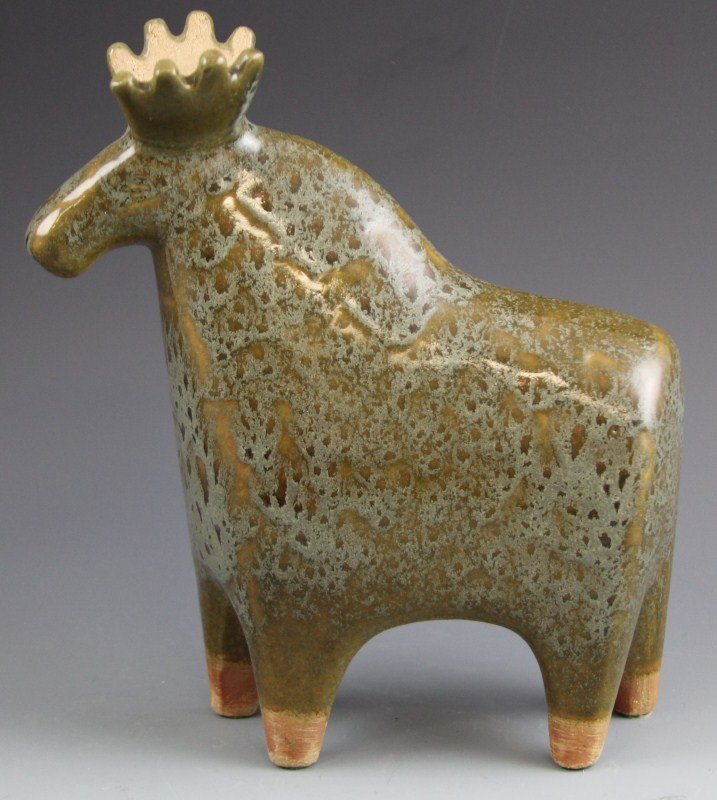 SWEDISH GUSTAVSBERG GLAZED CERAMIC MOOSE: SWEDISH GUSTAVSBERG GLAZED CERAMIC MOOSE Modern Swedish Gustavsberg glazed ceramic moose, circa. mid-20th C. Mottled green and grey in color, two maker's stickers remain on underside, one has handwrit