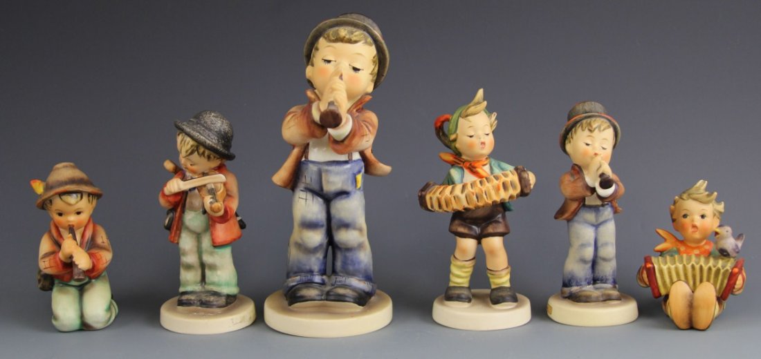(6) GOEBEL HUMMEL MUSICIAN FIGURES- TMK 3 & 4: (6) GOEBEL HUMMEL MUSICIAN FIGURES- TMK 3 & 4 Six Goebel Hummel figures including, "Serenade" (TMK 3, #85/0, 4.5"), "Little Tooter" (TMK 4, #214/H, 3.75"), "Accordion Boy" (TMK 3, #185, 5.25"), "Let's