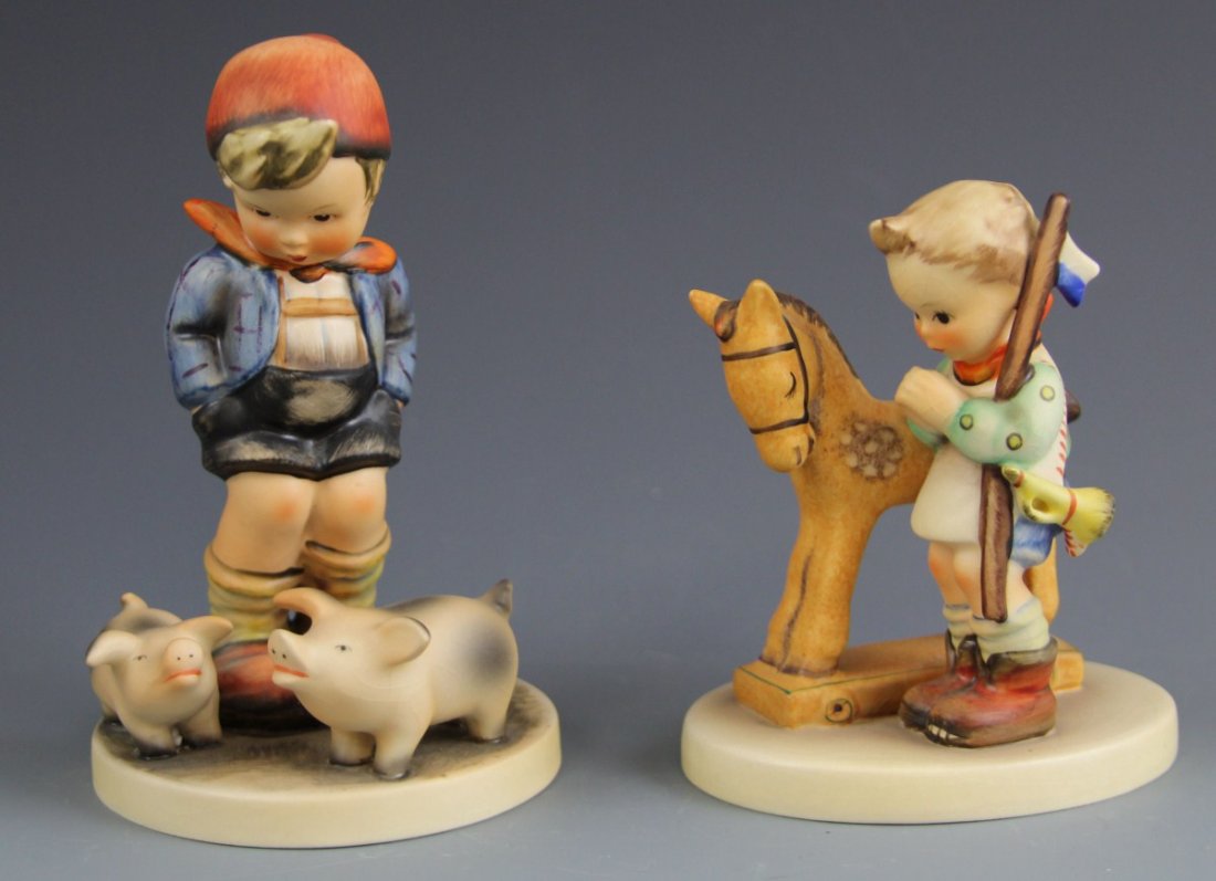 (2) GOEBEL HUMMEL FIGURES- TMK 3: (2) GOEBEL HUMMEL FIGURES- TMK 3 Lot of two Goebel Hummel figures, includes "Prayer Before Battle" (TMK 3, #20, 4") and "Farm Boy" (TMK 3, #66, 5"). "Prayer Before Battle" has complete crazing, "Farm 
