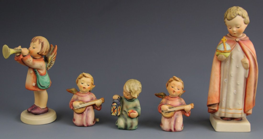 (5) GOEBEL HUMMEL ANGELIC FIGURES- TMK 3, 4, & 5: (5) GOEBEL HUMMEL ANGELIC FIGURES- TMK 3, 4, & 5 Five Goebel Hummel angelic figures including "The Holy Child" (TMK 3, #70, 6.75"), "Little Gabriel" (TMK 3, #32/0, 5"), "Angel Serenade" (TMK 5, #214,