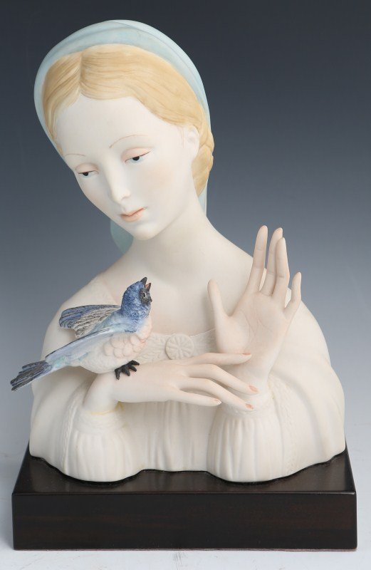 CYBIS PORCELAIN MADONNA WITH BIRD 2148C SIGNED: CYBIS PORCELAIN MADONNA WITH BIRD 2148C SIGNED Porcelain figure of Madonna with Bird by Cybis, #2148C. Signature on back. Comes attached to wooden base. Size: 10 x 8 x 5" plus base