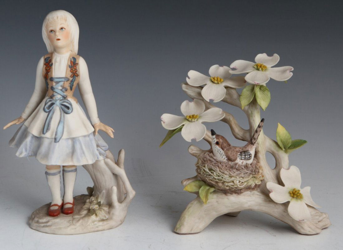 CYBIS PORCELAIN HEIDI AND BIRD IN BLOSSOMING TREE: CYBIS PORCELAIN HEIDI AND BIRD IN BLOSSOMING TREE Cybis porcelain figure of a young girl in traditional swiss dress resting against a tree stump stamped 1974. Overall very good condition. Small bird i