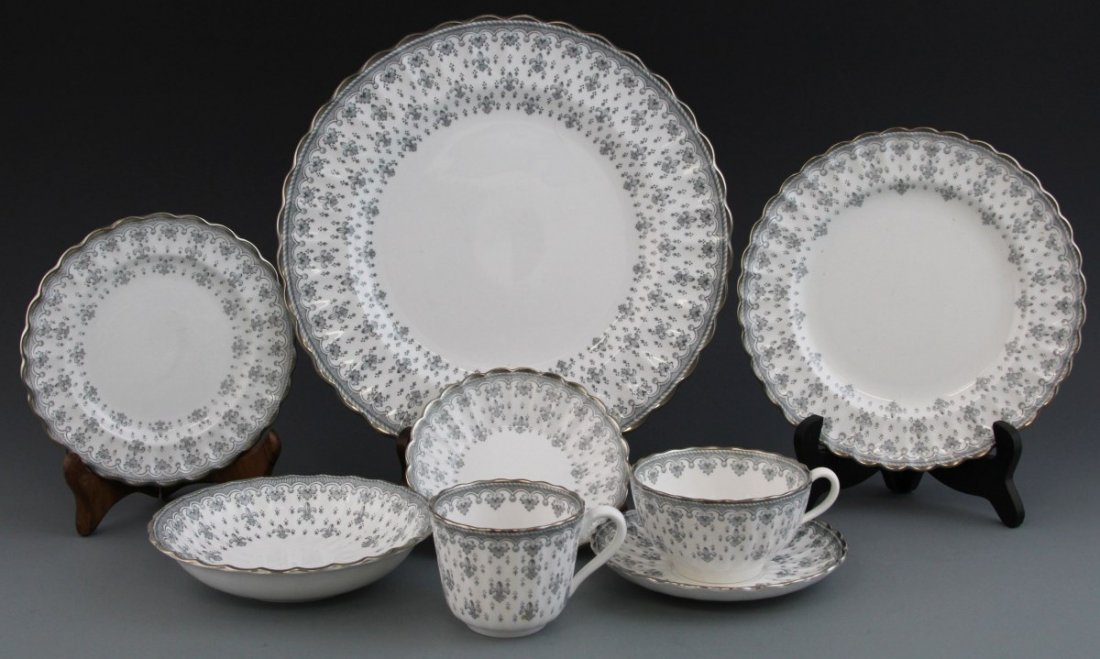 (67) Spode China Fleur De Lis 8 Place Setting: (67)SPODE CHINA FLEUR DE LIS 8 PLACE SETTING An eight place setting of Spode China in the Fleur de Lis pattern, grey with gilt trim. (9) 10.5" Dinner plate, (9) 8" Salad plate, (9) Small plates (4) 6"