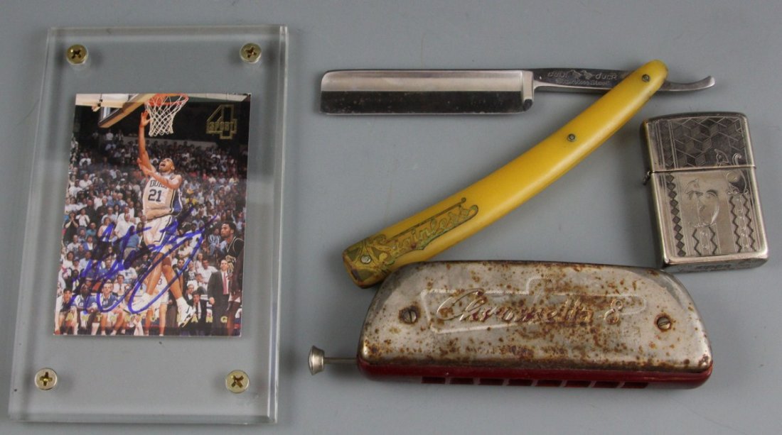 (4) VINTAGE COMING OF AGE ITEMS: (4) VINTAGE COMING OF AGE ITEMS Lot of four miscellaneous vintage items; German Chrometta 8 harmonica with chromatic slide, 5.125"; Stainless steel Dubl Duck straight razor, 6"; Silver plate Zippo lig