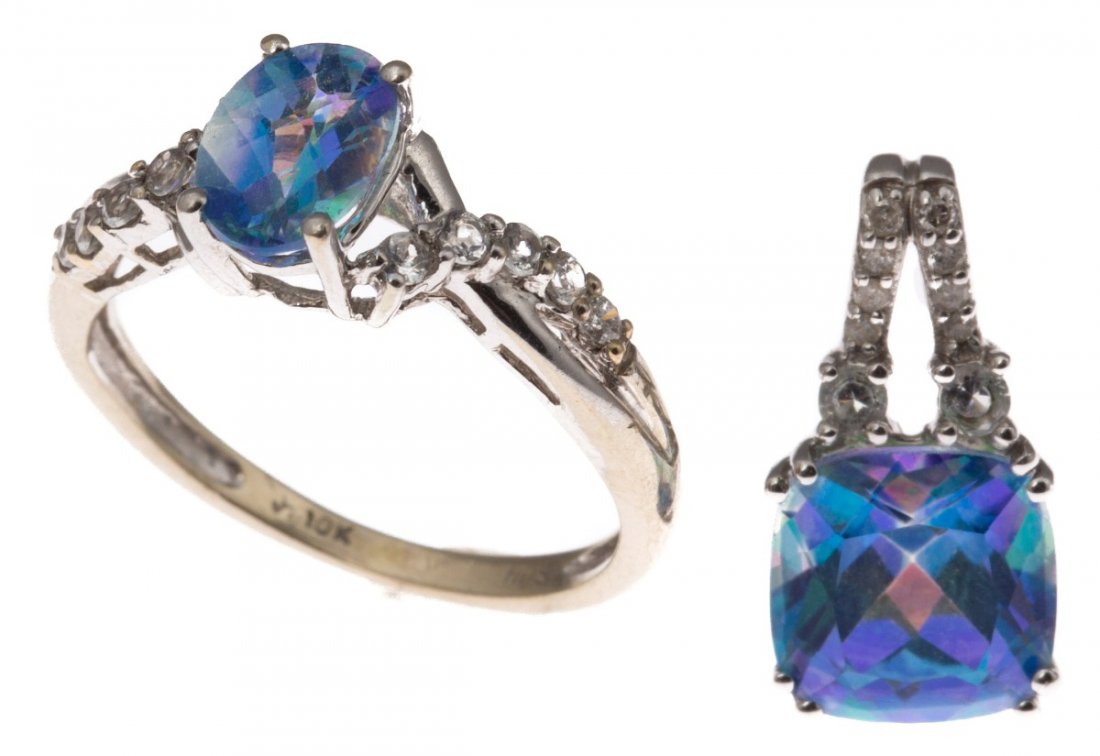 10K WHITE GOLD RING & PENDANT: 10K WHITE GOLD RING & PENDANT 10K white gold matching ring and pendant. Ring with oval cut multi-color center stone accented with clear quartz along the band. Pendant has cushion cut multi-color stone