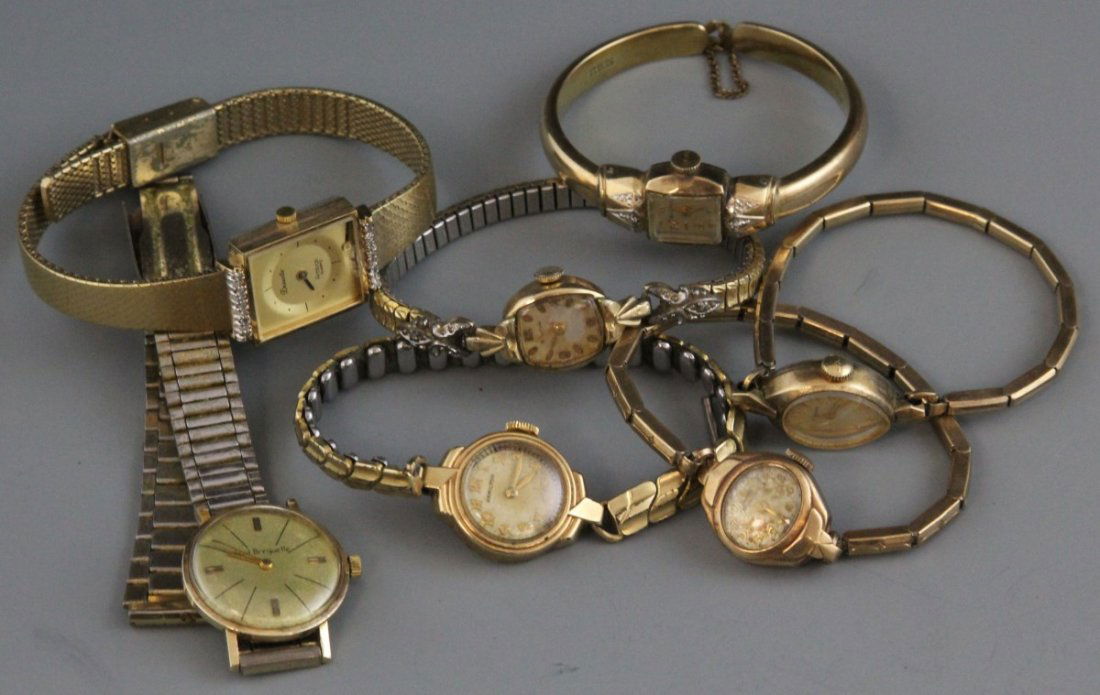 (7) LADIES WRIST WATCHES: (7) LADIES WRIST WATCHES Lot of seven ladies wrist watches, mostly gold plated. Includes Bulova, Paul Brequette, Longines, Hamilton, and Armitron. Working condition is unknown.