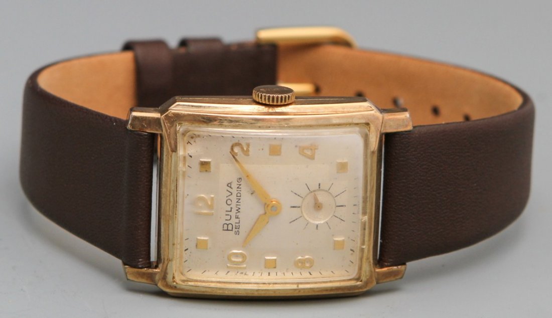 BULOVA 1958 SELFWINDING WRISTWATCH: BULOVA 1958 SELFWINDING WRISTWATCH Bulova 17 Jewel 1958 Selfwinding Wristwatch,10K rolled gold plate case no.C768798, 8BBA swiss unadjusted movement, gold toned hour, minute hands, gold toned art deco