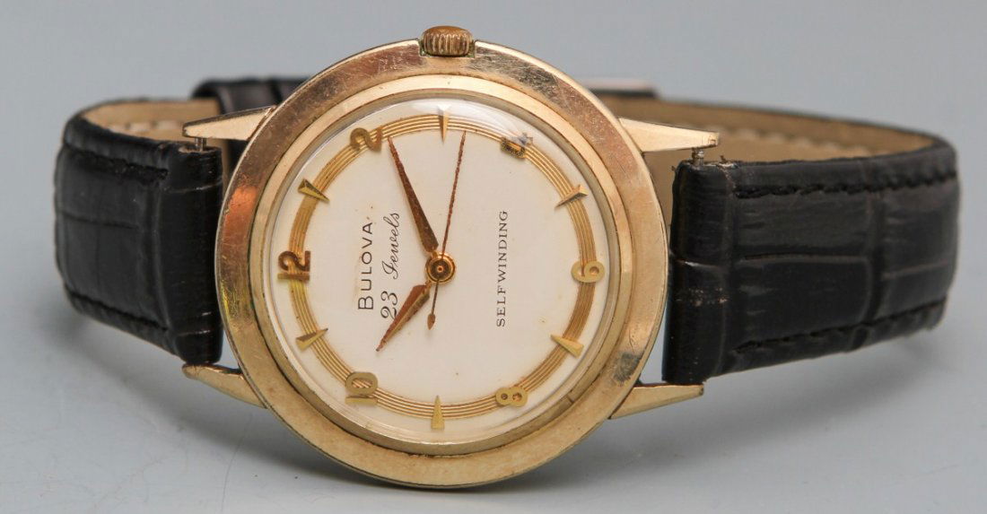 BULOVA 1959 SELFWINDING WRISTWATCH: BULOVA 1959 SELFWINDING WRISTWATCH Bulova 1959 23 Jewel Selfwinding Automatic Wristwatch, 10K rolled gold plated case, serial no. D413637, gold toned hour and minute hands, gold toned art deco and bat