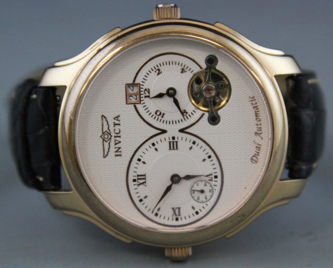 INVICTA DUAL AUTOMATIC SWISS OBJECT D'ART WATCH: INVICTA DUAL AUTOMATIC SWISS OBJECT D'ART WATCH Invicta Dual Swiss Automatic Object D'Art series wristwatch #2343, date window, skeleton view subdial, seconds subdial, clear caseback, water resistant