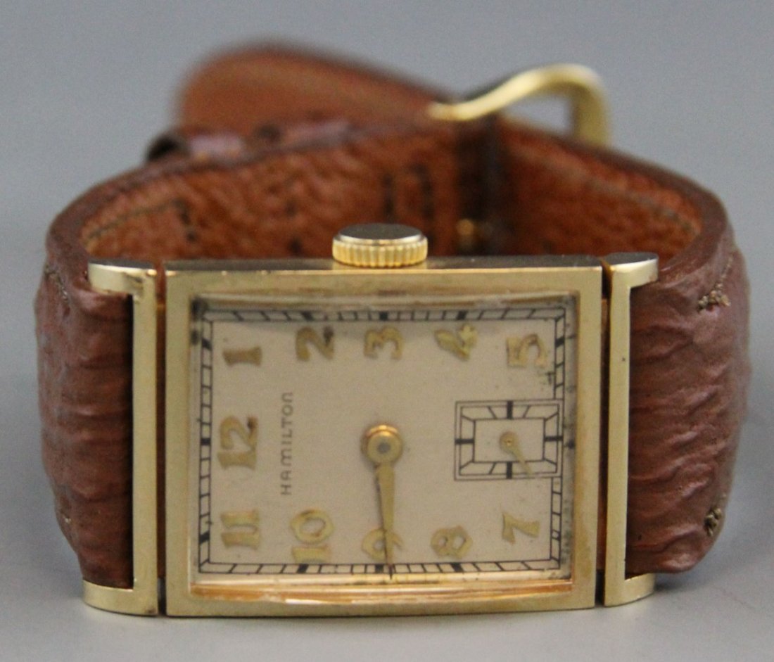 14K 1941 HAMILTON GILBERT MANUAL WRISTWATCH: 14K 1941 HAMILTON GILBERT MANUAL WRISTWATCH Hamilton men's 1941 Gilbert manual wristwatch, 19 jewel movement, 14K yellow gold case no. H618131, serial no. M29701, movement no.982, gold toned art deco 