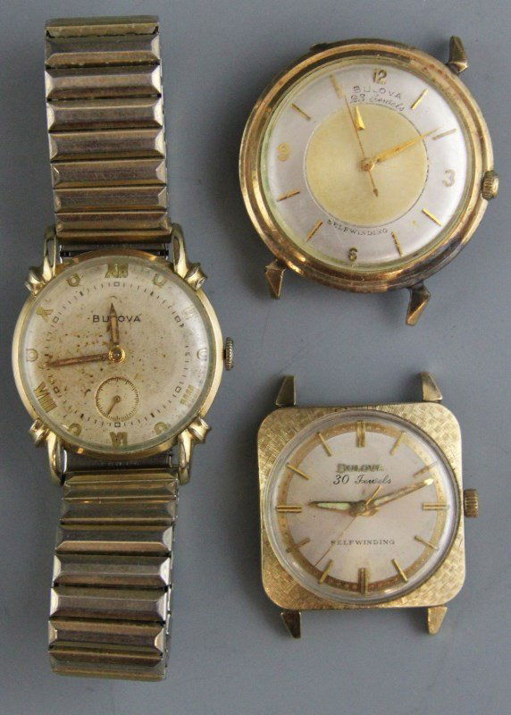 (3) VINTAGE BULOVA MEN'S WRIST WATCHES: (3) VINTAGE BULOVA MEN'S WRIST WATCHES Lot of three vintage Bulova men's wrist watches. Pair of 10K gold plated waterproof self winding watches and one 10K gold filled watch with stainless steel band.