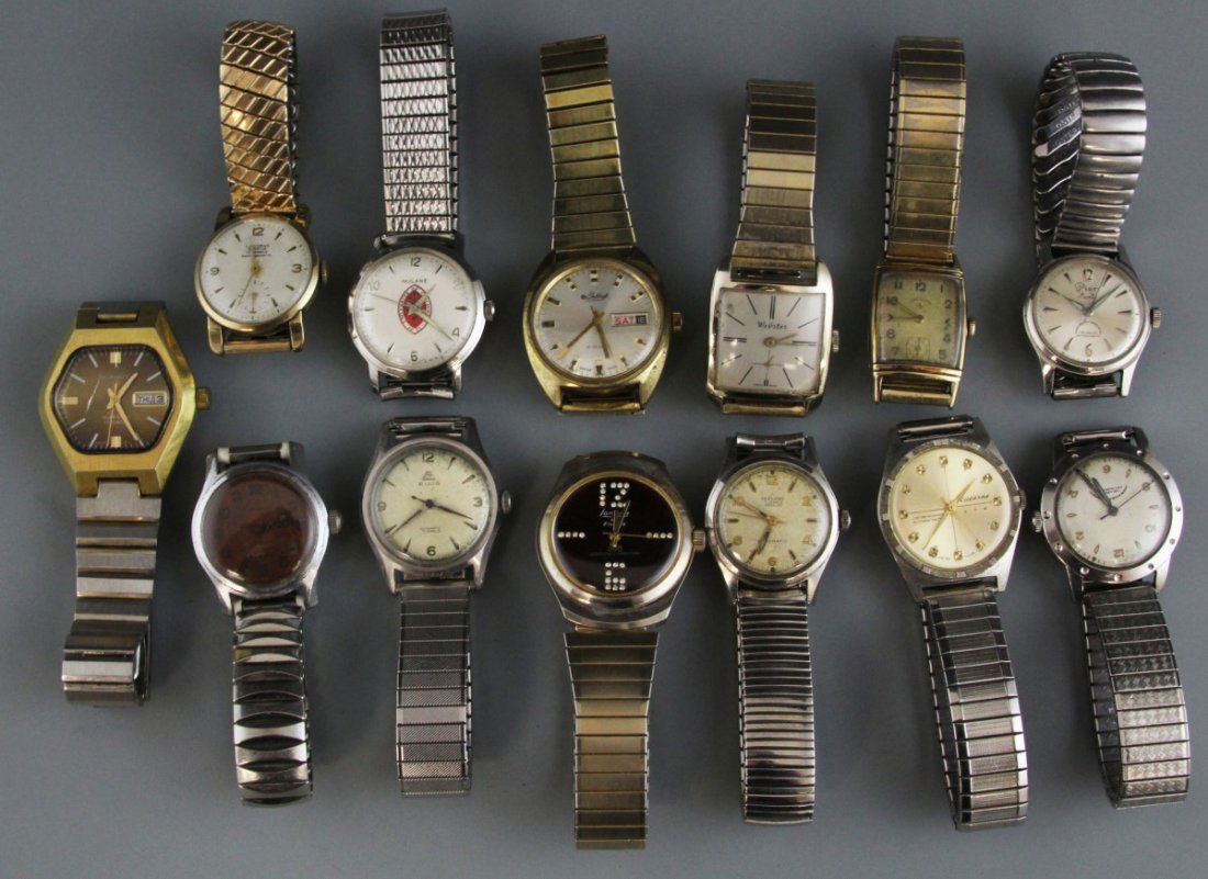 (13) VINTAGE MEN'S MANUAL WRISTWATCHES: (13) VINTAGE MEN'S MANUAL WRISTWATCHES Lot of 13 vintage men's manual wristwatches; Lucerne, Longines, Lord Elgin, Webster, Seeland, Dufonte, GoldCraft, MIlane, Ellis, and Pier. Stainless steel bands.