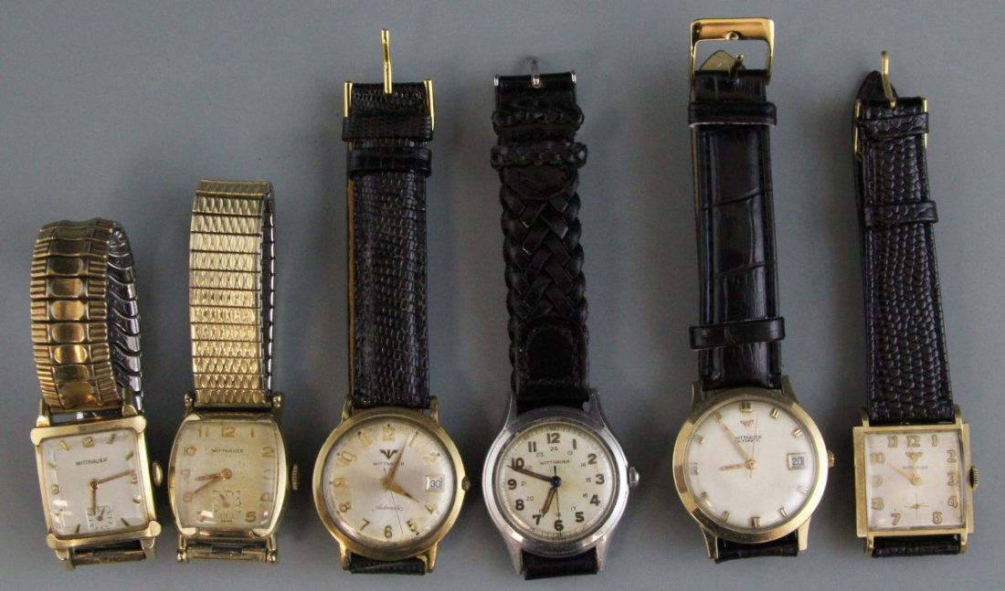 (6) MENS WRISTWATCHES BY WITTNAUER: (6) MENS WRISTWATCHES BY WITTNAUER Six mens Wittnauer automatic watches. Five with gold filled or gold plated bezels. Four have leather bands. Two have elastic bands.