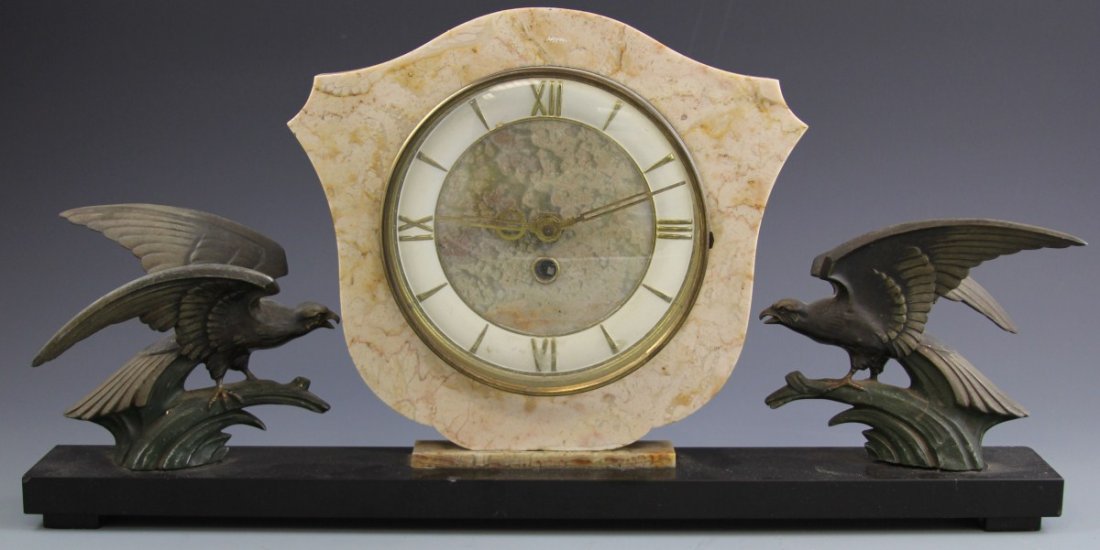 ANTIQUE ART DECO MANTEL CLOCK: ANTIQUE ART DECO MANTEL CLOCK Antique art deco marble mechanical clock with gilded white metal birds. French, circa. 1900's. Working condition unknown, does not include key. Size: 20 x 10 x 2.5"