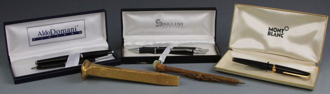 (6) PENS AND MECHANICAL PENCILS: (6) PENS AND MECHANICAL PENCILS Lot of six pens and mechanical pencils. Aldo Domini and Seleni. Lot includes 24K gold plated spike as a symbol of achievement.