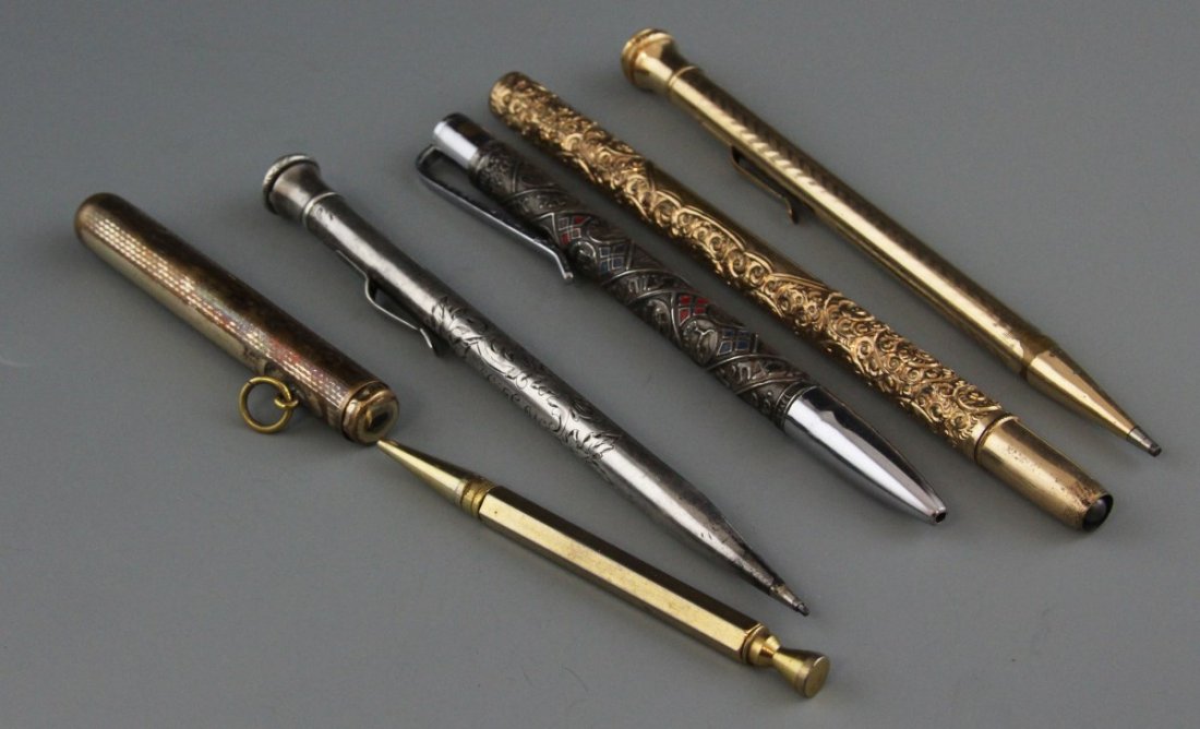 MIXED LOT OF VINTAGE PENS AND PENCILS: MIXED LOT OF VINTAGE PENS AND PENCILS Silverolex, Judaica pen, "Tribes of Israel." Gold tone repousse large pencil. Stik by Stylecraft pencil. Wahl Eversharp gold filled pencil. Wahl Eversharp sterlin