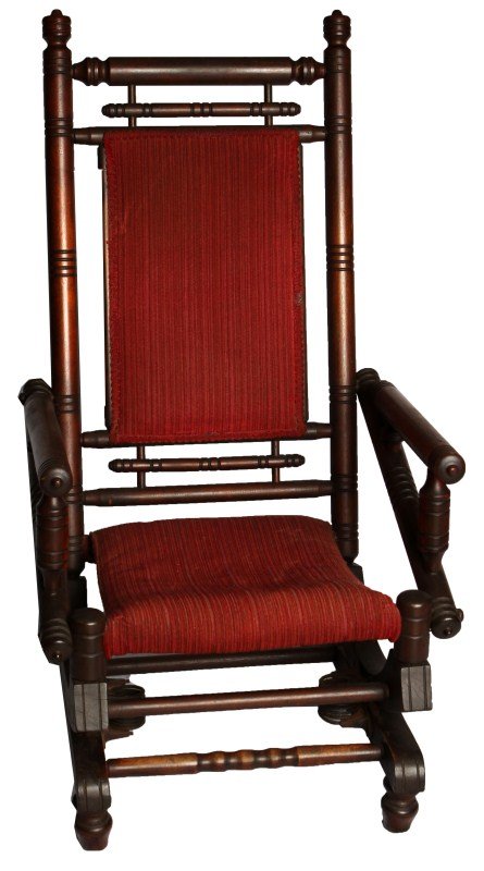 EASTLAKE ROCKING CHAIR VICTORIAN: EASTLAKE ROCKING CHAIR VICTORIAN A Victorian Eastlake style wooden rocking chair with burgundy upholstery. Size: 41 x 18 x 20"