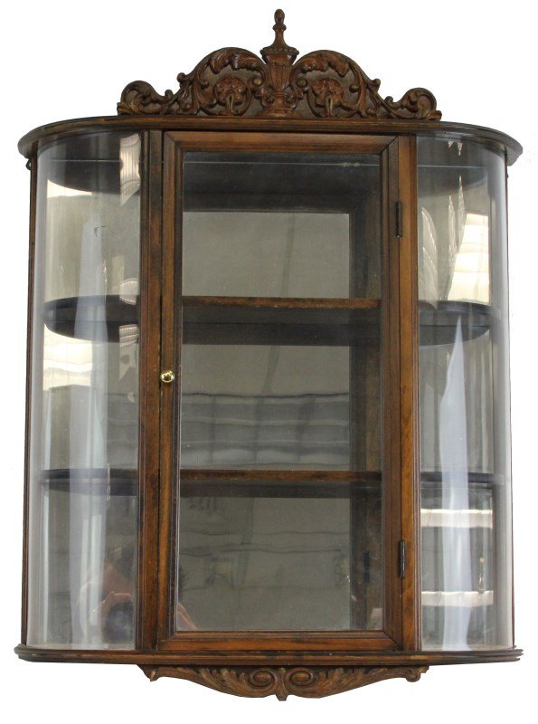 FRENCH WALL CURIO CABINET: FRENCH WALL CURIO CABINET Wooden French wall curio cabinet, two shelves, mirror back, finial decoration at top and bottom. Size: 19 x 5.5 x 26"