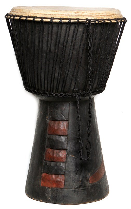 WEST AFRICAN DJEMBE DRUM: WEST AFRICAN DJEMBE DRUM Djembe drum is a rope-tuned skin-covered goblet drum played with bare hands. The Djembe drum originated in the Mali empire of West Africa. Size: 31"