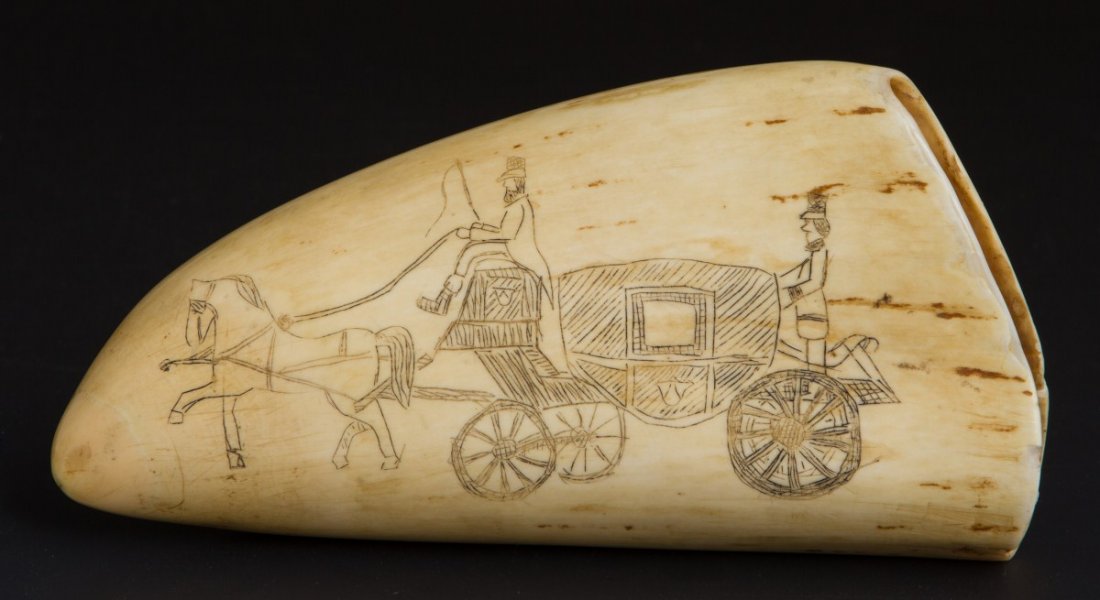 WHALES TOOTH SCRIMSHAW HAARLEM: WHALES TOOTH SCRIMSHAW HAARLEM A whale's tooth with scrimshaw work of a man in colonial style dress with axe, below which reads "Haarlem". Signed lower right and dated 1801. There is a carriage scene