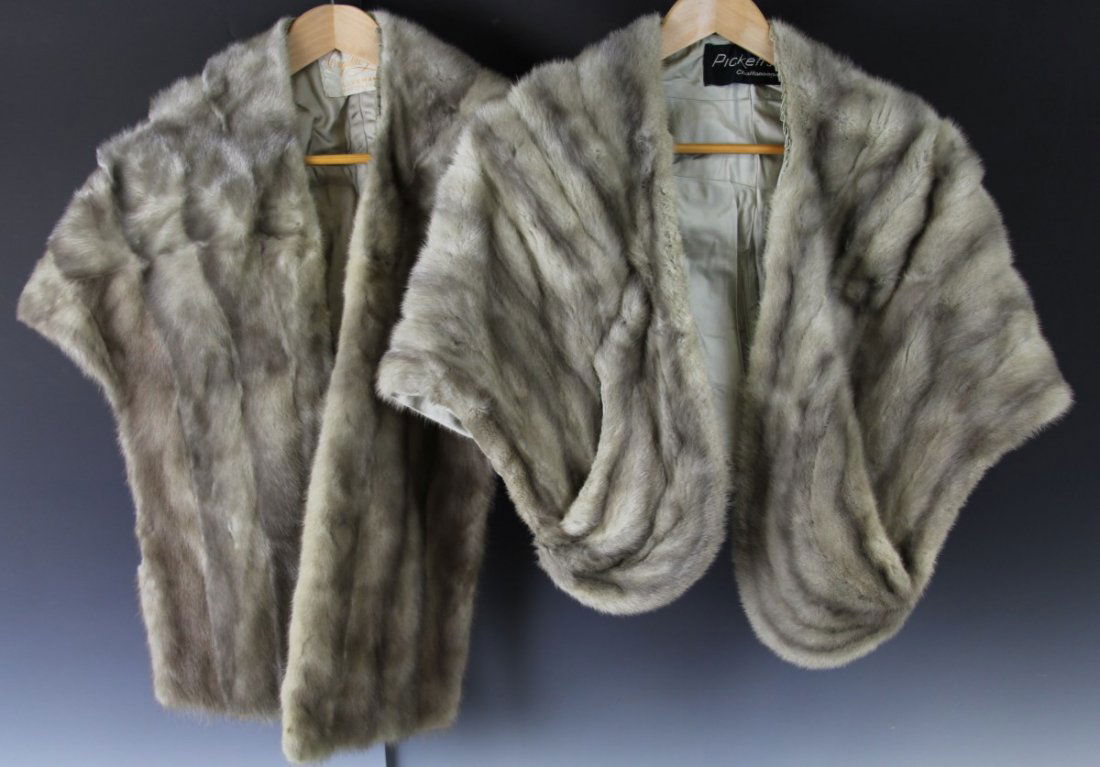 (2) SILVER MINK STOLES: (2) SILVER MINK STOLES Two silver mink stoles; From "The Crystal Room" Lovemans Chattanooga 57 x 16" embroidered MBS on the inside. "Pickets" Chattanooga embroidered PSJ 46 x 16".