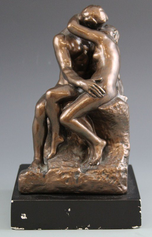 1977 AMR REPRODUCTION RODIN "THE KISS": 1977 AMR REPRODUCTION RODIN "THE KISS" A 20th century reproduction of "The Kiss" by Auguste Rodin (French, 1840-1917), by AMR 1977. With Barbedienne foundry marks, and Rodin signature. Plaster with br