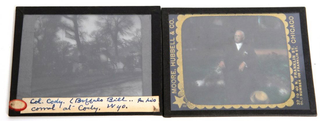 (2) ROOSEVELT AND BUFFALO BILL GLASS SLIDES: (2) ROOSEVELT AND BUFFALO BILL GLASS SLIDES Pair of magic lantern glass slides, circa early 20th C., depicting a casual colored portrait of President Teddy Roosevelt, produced by Moore, Hubbell & Co.,