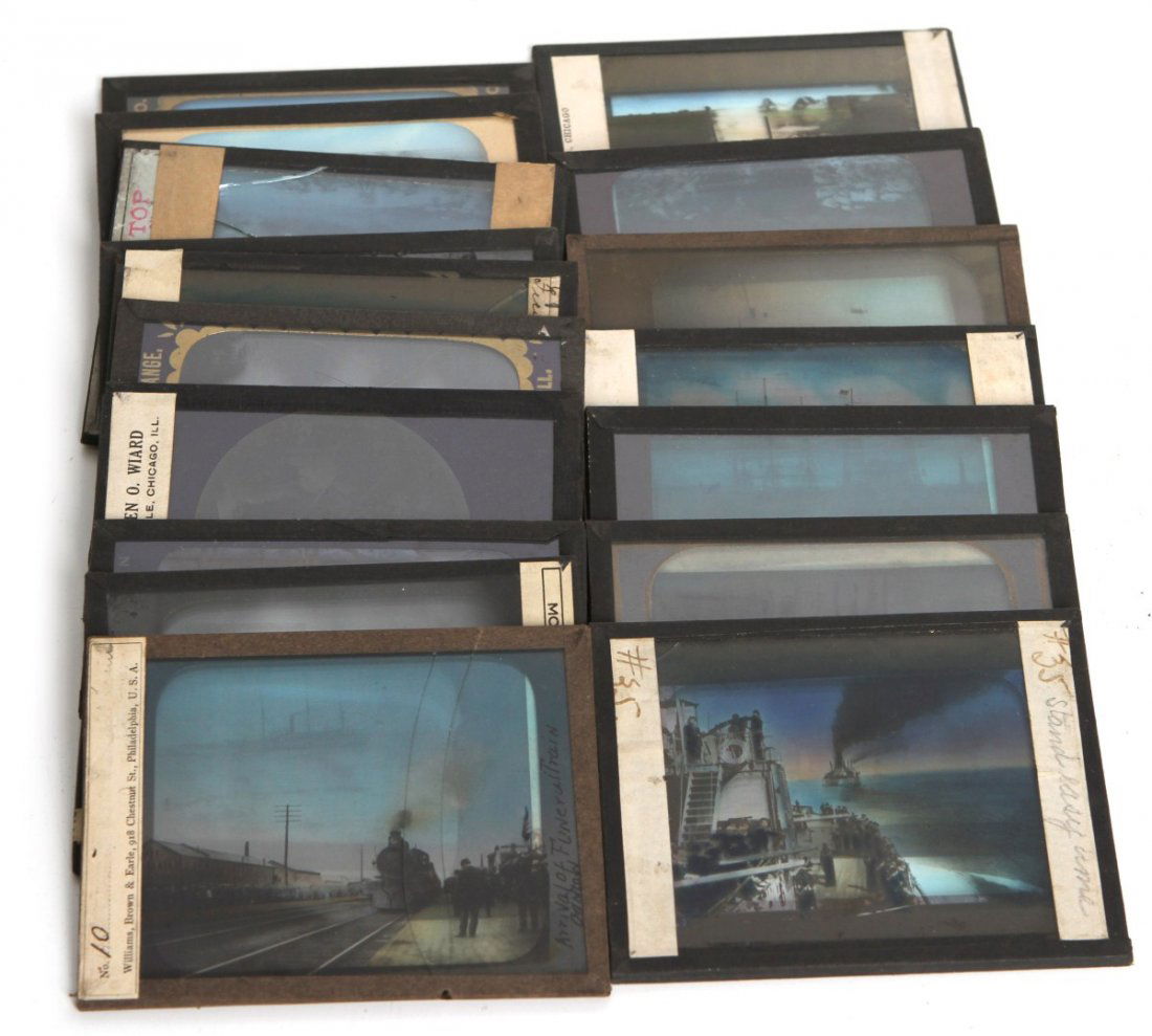 (17) MACHINES OF WAR GLASS SLIDES: (17) MACHINES OF WAR GLASS SLIDES Lot of 17 colored/ black & white magic lantern glass slides, circa early 20th C. Slides contain images of several kinds of war machines, particularly ships and submar