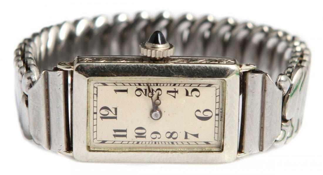 LADIES CONCORD 18K WHITE GOLD WATCH: LADIES CONCORD 18K WHITE GOLD WATCH Ladies Concord watch with 18K white gold case and stainless steel flex-let band. Swiss manual movement with three adjustments and 15 jewels. Sapphire affixed to cro