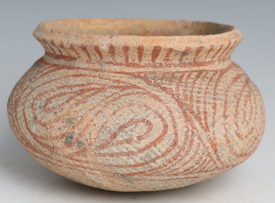 ANCIENT BAN CHIANG PAINTED POTTERY JAR: ANCIENT BAN CHIANG PAINTED POTTERY JAR Ancient Ban Chiang (Northern Thailand) Neolithic Period 1000-500 B.C. pottery jar of globular form with a wide flaring mouth and rounded bottom, the body painted