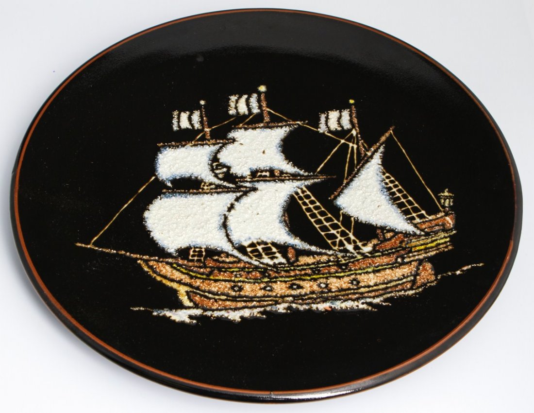 ASIAN DECORATIVE PLATE WITH SALT-GLAZED SHIP