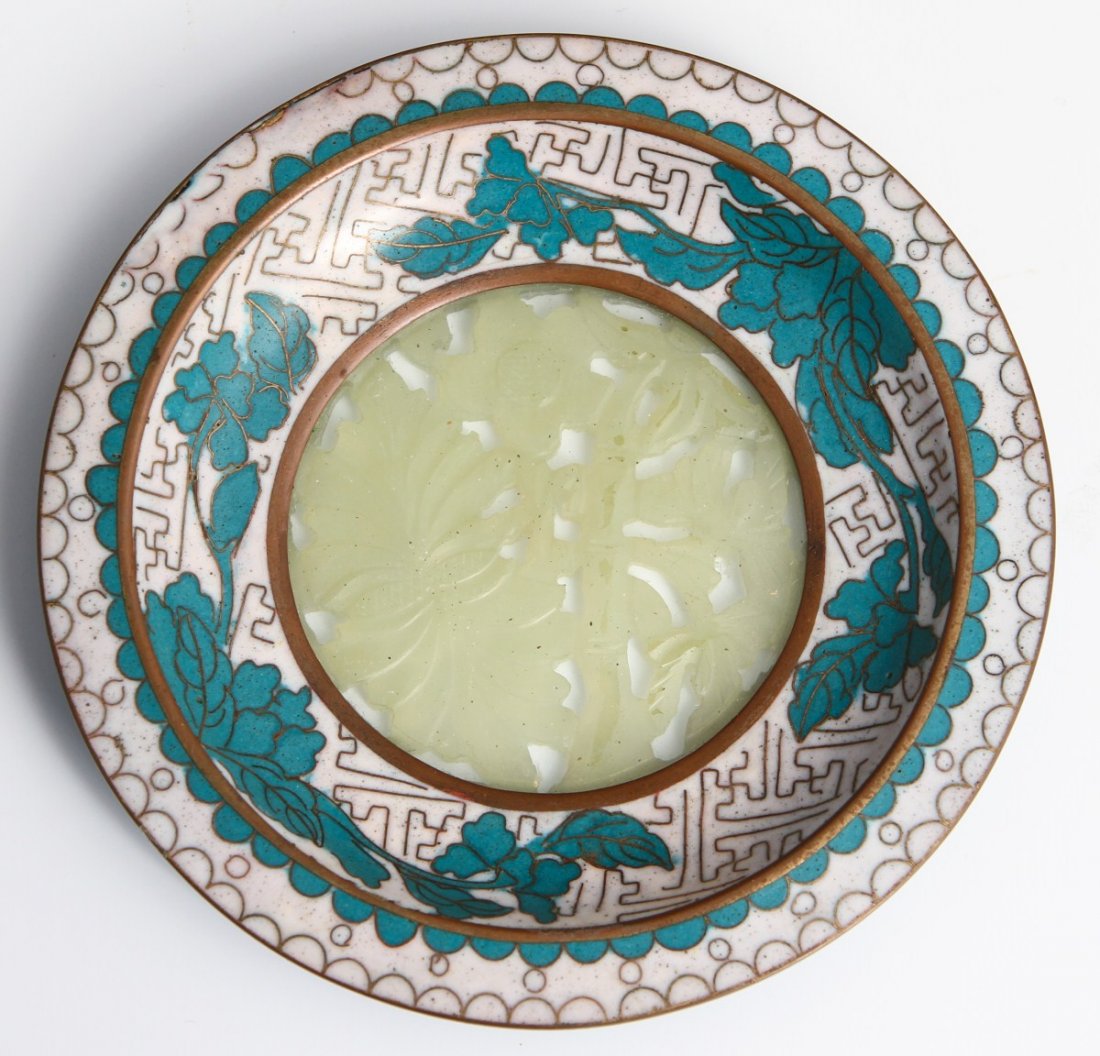 CHINESE CLOISONNE PLATE WITH JADE CENTER