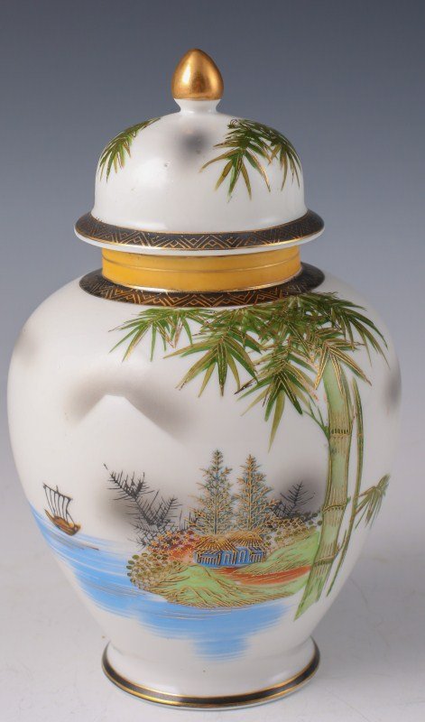 HAND PAINTED JAPANESE VILLAGE SCENE JAR
