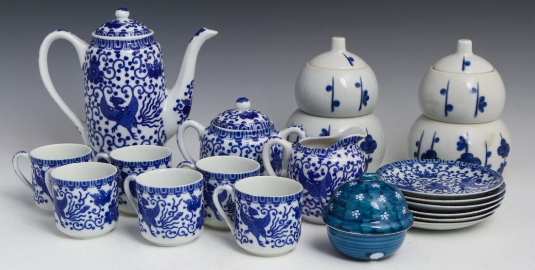 BLUE AND WHITE PORCELAIN TEA SET AND JARS
