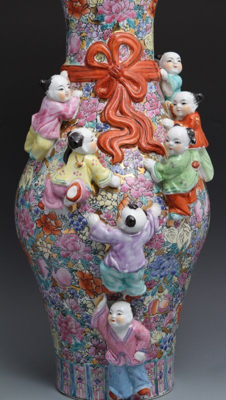 CHINESE FAMILLE ROSE SEVEN BOY FERTILITY VASE - 2